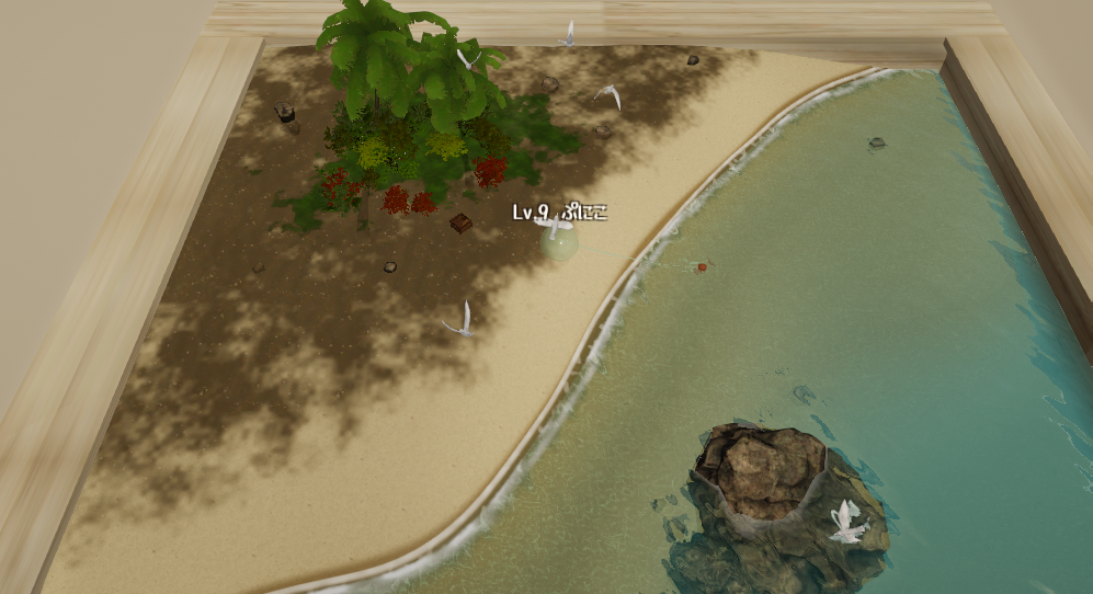 Creature Fishing: an island inside a wooden crate, with a small creature on the beach