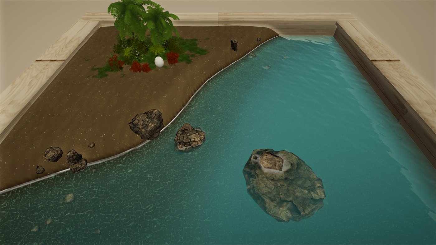 An early build of the island: brown ground, brown water, and a single white egg