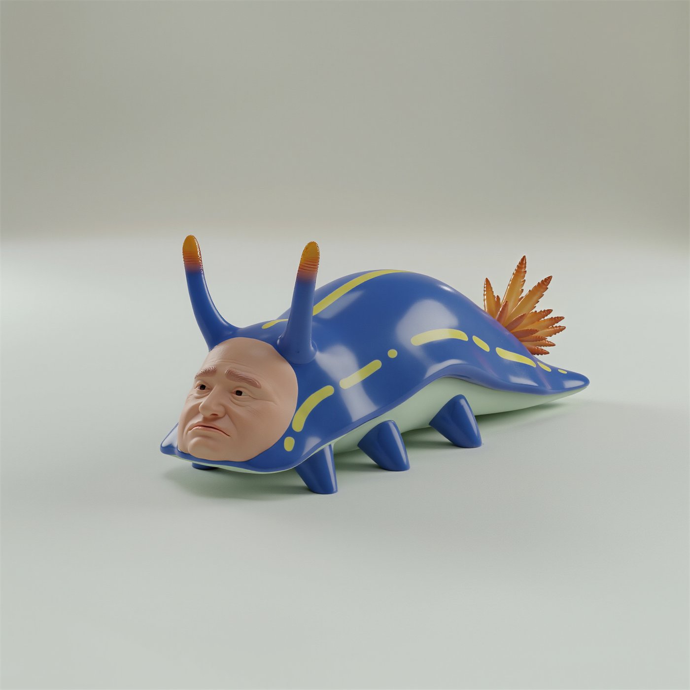 Early concept art of a blue sea creature with a realistic human face