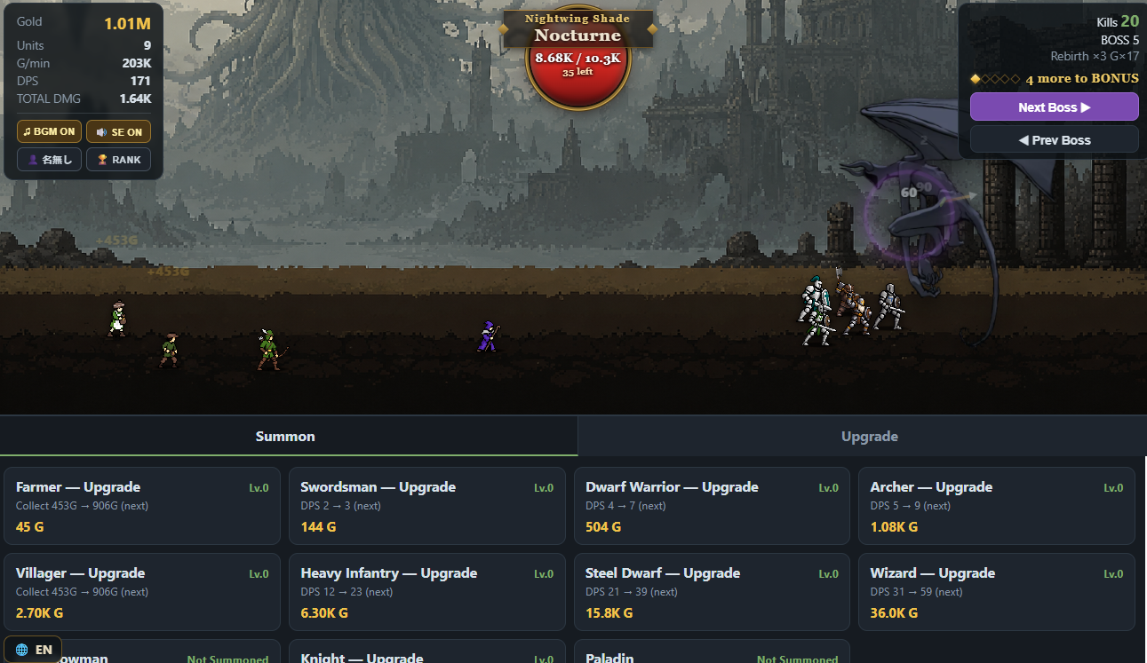 Mythos Slayer redesigned interface: Nocturne boss battle, soldiers and the Summon panel